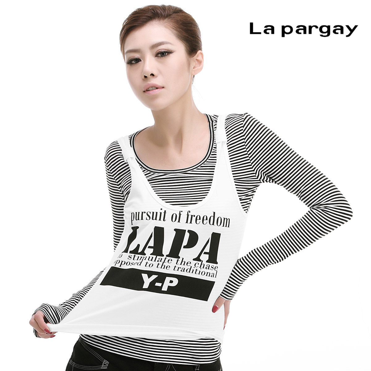 2012春装新款 纳帕佳正品 条纹印花两件套T恤长袖女装修身Y183024