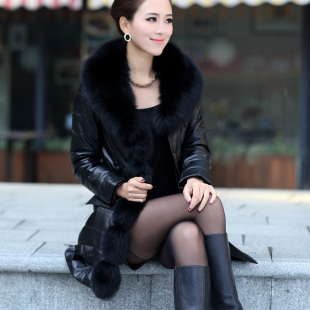  皮羽绒服 女 真皮 中长款修身绵羊皮 海宁皮衣 狐狸毛领羽绒皮衣