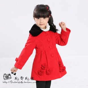  爱必贝新款儿童羊毛呢大衣毛领可拆卸外套 女童大衣童装加厚