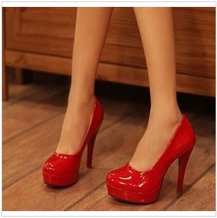  包邮 欧美性感夜店漆皮圆头细跟防水台超高跟单鞋韩版婚鞋黑白红