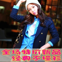 韩版女装/毛呢西装外套/双排扣修身小西装/休闲毛呢外套女装藏蓝