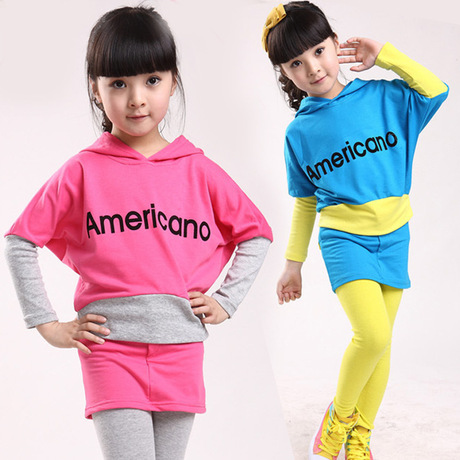 全棉童套装 春秋款女童字母蝙蝠衫半身裙套装