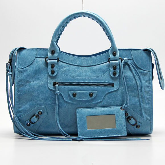 包邮 City 巴黎世家Balenciaga原版进口小羊皮机车包115748S浅蓝