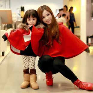  亲子装冬装母女装冬季新年披风肩毛料呢子羊羔绒加厚新年装