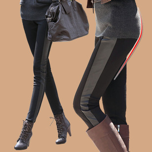  加绒加厚 秋冬拼皮 加大码 打底裤 韩版女士靴裤小脚裤 女拼皮裤
