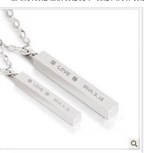  925纯银 情侣项链 男 女 银条 项链 吊坠 四方棒磨砂 刻字 包邮