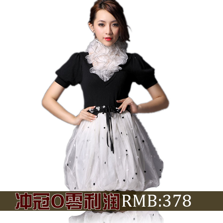 <span class=H>卓雅</span>2012秋冬新款真丝欧根纱短袖立领针织礼服连衣裙 出口欧美