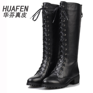  真皮秋冬高筒靴子女长靴粗跟马丁靴女英伦绑带骑士靴军靴中跟厚底