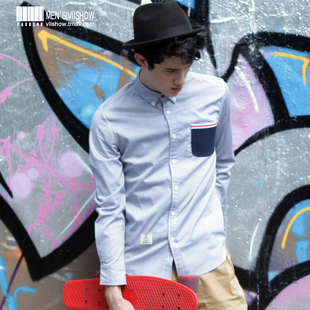  viishow新品春装 男士衬衫男 长袖潮男极简清新口袋休闲衬衫