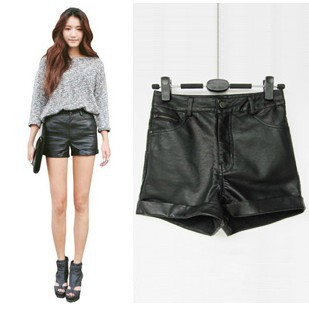  韩国stylenanda秋季新款高腰拉链装饰修身翻边皮裤皮革小短裤热裤
