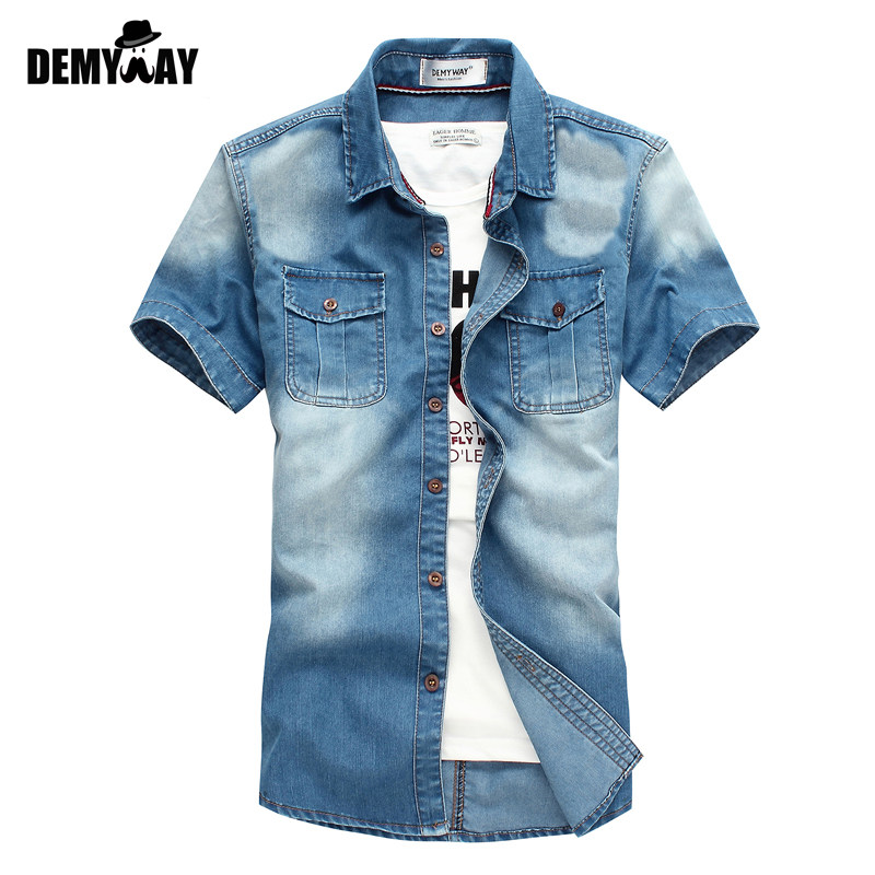 DEMYWAY男装新款牛仔衬衫男夏装修身韩版衬衣男士短袖衬衫大码薄