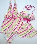 粉色条纹分体式泳衣比基尼遮肚显瘦罩衫短裙四件套海边度假温泉