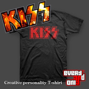 KISS摇滚乐队Logo华丽金属舞台火红印花街头音乐节美式复古棉T恤
