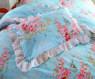 全棉床套床裙床罩式蓝色公主风格横纹四件套田园印花床上用品
