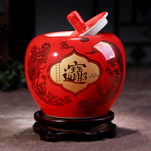 今日特价_景德镇陶瓷器中国红苹果储物罐花瓶