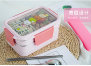 韩式不锈钢饭盒双层保温便当盒，分隔学生饭盒，隔热儿童餐盒赠餐具