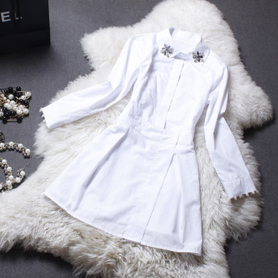 标题优化:新品促销欧洲站纯白色全棉袖口钉珍珠POLO衬衫领长袖中短连衣裙