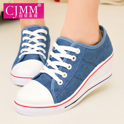 2016春夏女鞋纯色坡跟帆布鞋女内增高低帮韩