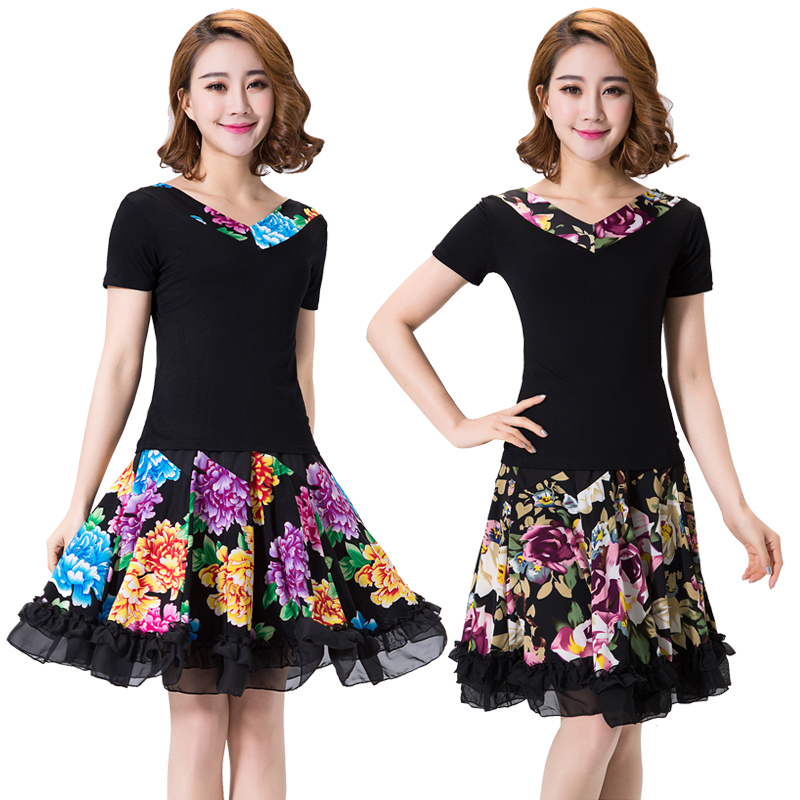 2015最新广场舞短袖套装夏季新款成人拉丁舞舞蹈裙跳舞碎花服装女