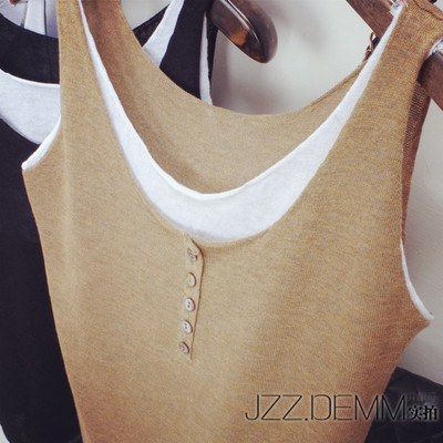 2015文艺复古棉麻背心新款大码宽松女夏季假两件针织吊带打底背心