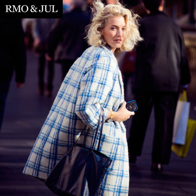 【欧洲站】2014秋冬女装新款 时尚落肩大气廓形格子毛呢外套 大衣