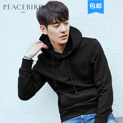 太平鸟男装卫衣 黑色棉质修身连帽套头长袖t恤