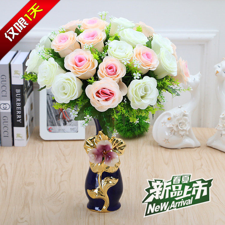 欧式客厅仿真花套装花艺假花装饰花束电视柜餐桌摆件玫瑰绢花茶几