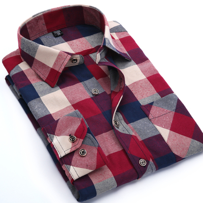 2015秋季新款男士衬衫男 长袖磨毛格子商务休闲免烫方领衬衣大码