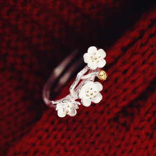 韩国s925纯银饰品戒指女文艺，梅花食指指环开口小清新花朵手工戒指