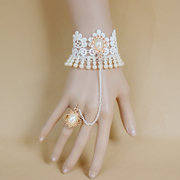 新娘结婚饰品哥特cos复古白色蕾丝，珍珠女手链带戒指一体链