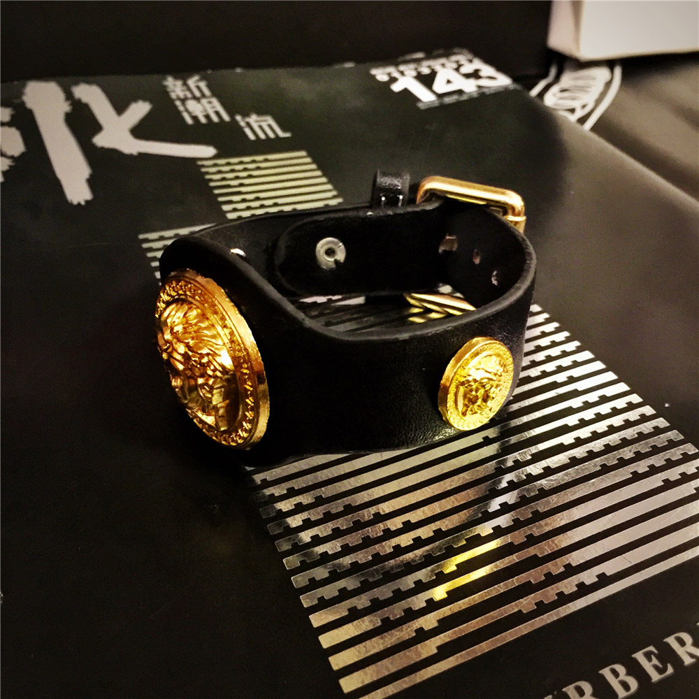 dj金色手鍊 嘻哈朋克牛皮土豪金镶嵌真皮手环 韩版夜店夜场皮手镯