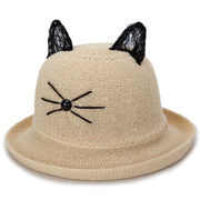 帽子女夏天韩版潮遮阳帽，可爱蕾丝猫咪耳朵，盆帽渔夫帽卷边圆顶礼帽