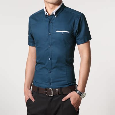 标题优化:2015夏季新款纯棉男士短袖衬衫青年韩版修身型男衬衣英款男