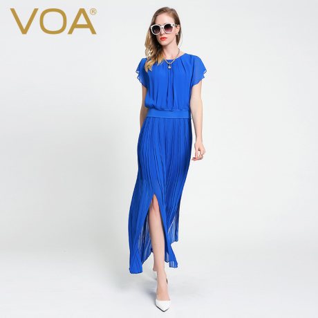 VOA真丝乔其纱拼接宝蓝色连衣裙夏季清凉基本款桑蚕丝女裙A6003商品大图