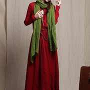 布衣风格原创设计红色肌理麻纱随意气质连衣裙风铃不含腰带