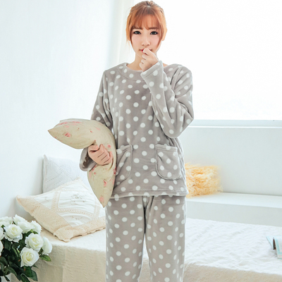 韩版秋冬薄款珊瑚绒睡衣女套头圆领可爱学生冬