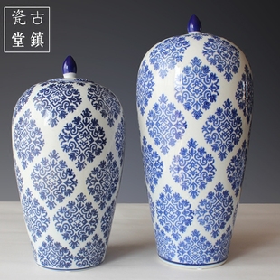 景德镇陶瓷花瓶现代中式冬瓜，罐摆件青花罐，客厅玄关仿古博古架复古