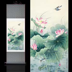 装饰画国画背景墙荷花竖幅风水画客厅挂画字画