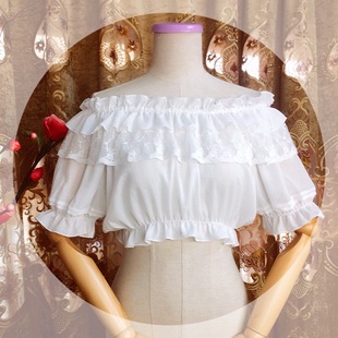 夏lolita洋装雪纺荷叶，边内搭打底衫，圆领一字肩短袖衬衫蕾丝小衫