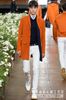 2024春夏橘色西服式中长款大衣，外套进口毛涤长款西装修身简洁大方