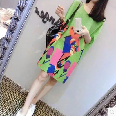 欧洲站2015夏季女装新款短袖中长款雪纺连衣裙显瘦大码印花女裙子