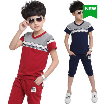 标题优化:天天特价男童2015夏季新款童装短袖T恤两件套男孩韩版V领运动套装