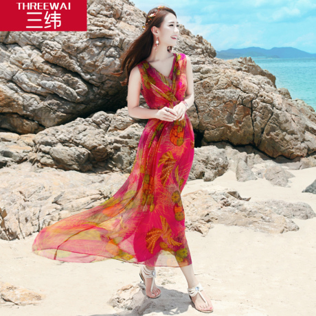 三纬2019夏新款女欧美风格印花波西米亚度假真丝连衣裙桑蚕丝长裙商品大图