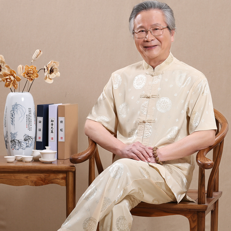 唐装男短袖中老年人夏薄款大码休闲盘扣刺绣中式国风爸爸情侣套装在类目 男装, 民族服装中 - 来自Buy2taobao.com提供专业的淘宝代购服务