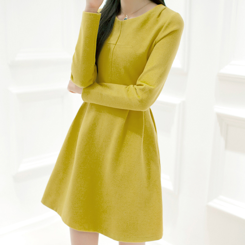 2014冬季韩版修身纯色长袖中长款打底连衣裙秋冬新款收腰显瘦加厚