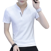 夏季男士短袖t恤韩版V领半截袖潮流半袖修身体恤衫夏装白色上衣服