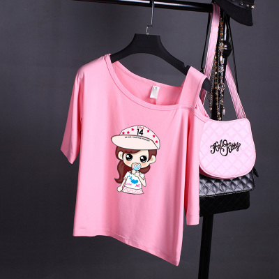 2016年夏款新款女装t恤 性感斜肩吊带露肩宽松