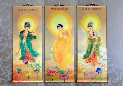 包邮西方三圣佛像挂画 佛像画挂画丝绸卷轴 阿弥陀佛