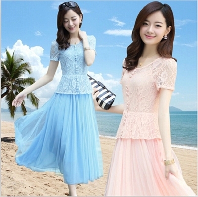 标题优化:夏季新款两件套波西米亚修身长裙短袖显瘦蕾丝雪纺连衣裙女沙滩裙