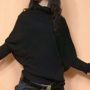 春秋韩版宽松显瘦女不规则毛衣针织衫蝙蝠衫，堆堆领线衣打底衫外套